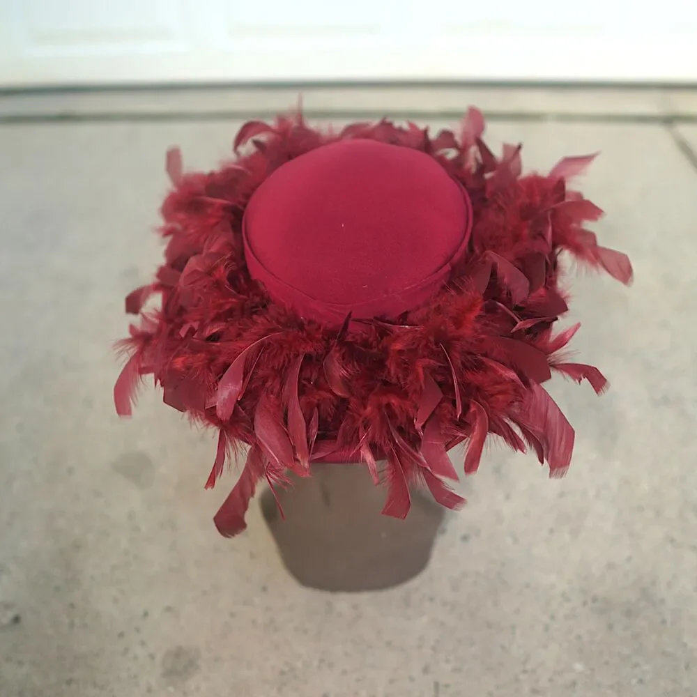 Vintage Gilbert and Ivy Burgundy Wool Feather Pillbox Hat / Fascinator